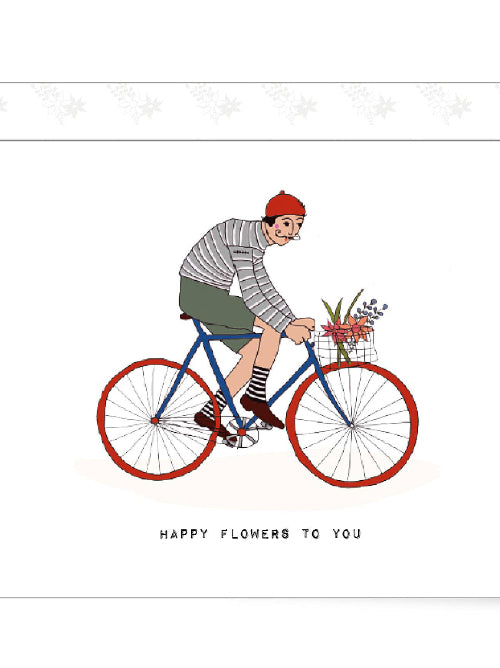 Playful illustration of a cyclist riding a blue bicycle with a basket of flowers, cheerful floral postcard with whimsical hand drawn style.