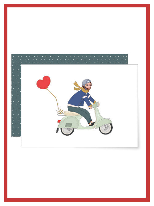 Love on a moped Valentine’s greetings card with illustrated couple and red heart balloon, A6 greetings card with envelope