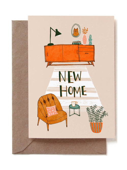 A New Home card with a light brown background and minimalist furniture displayed. 