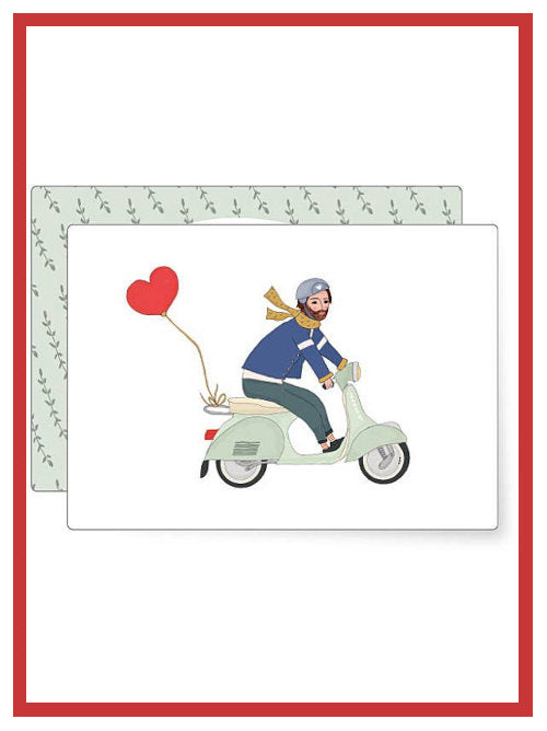 Mini greetings card with illustration of a person riding a moped holding a heart-shaped balloon on white background