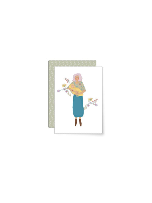 Gentle illustration of a mother holding a newborn baby surrounded by delicate flowers, soft pastel new baby mini card with a warm, tender feel.