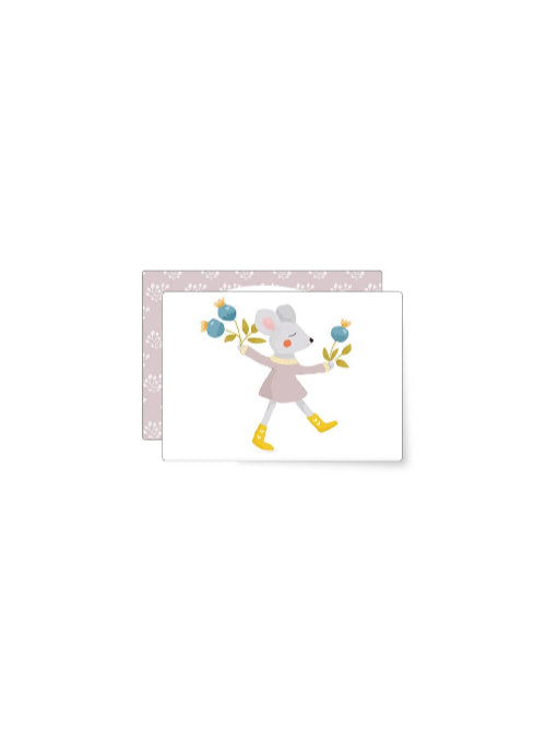 Sweet illustration of a small mouse in yellow boots holding berry branches, gentle woodland birthday mini card with soft pastel colours.