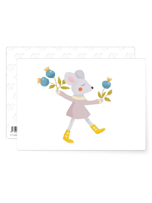 Sweet illustration of a small mouse in yellow boots holding berry branches, gentle woodland birthday postcard with soft pastel colours.
