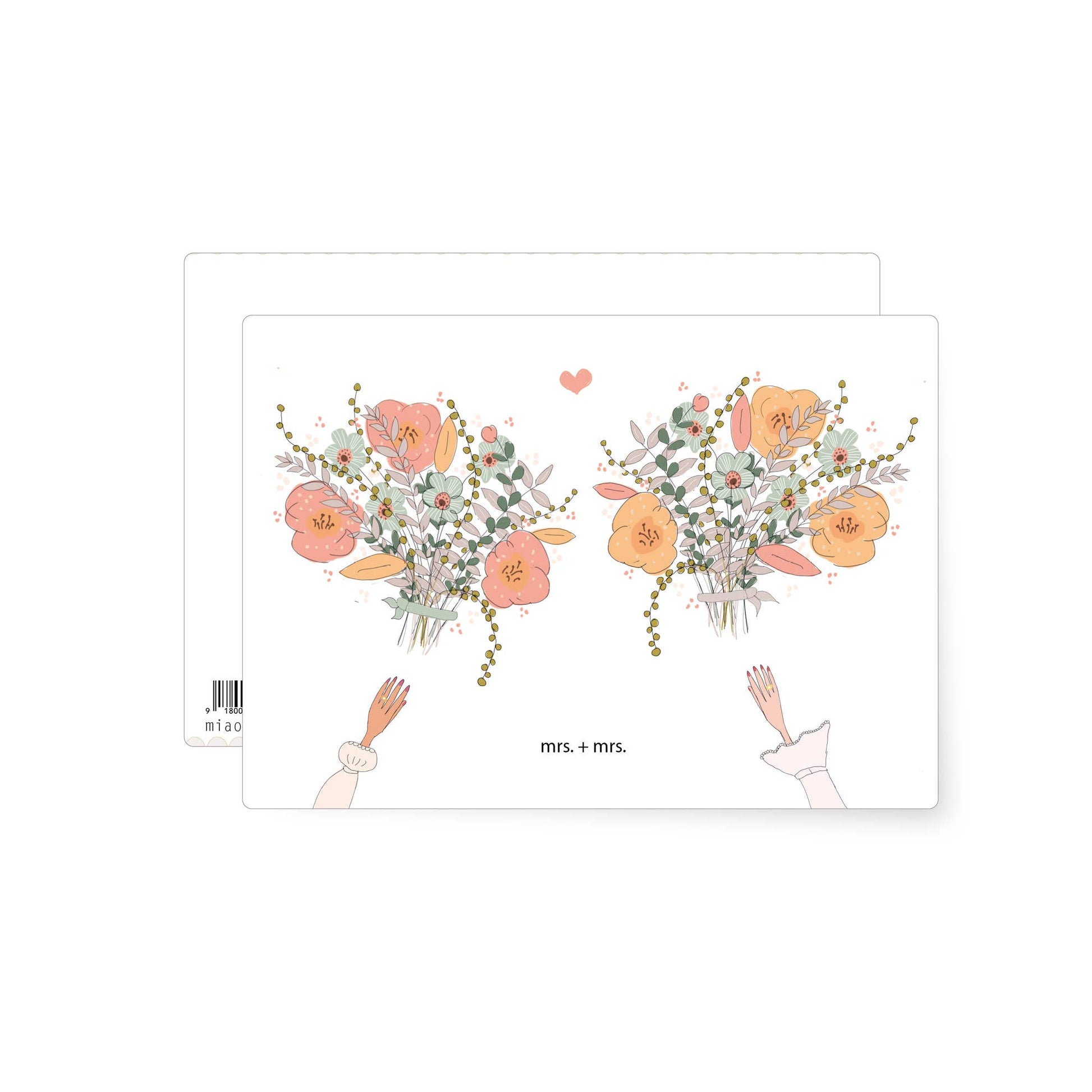 Soft illustrated bouquets with two hands reaching upward and a mrs and mrs caption, celebrating a same sex marriage.