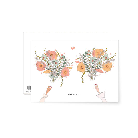 Soft illustrated bouquets with two hands reaching upward and a mrs and mrs caption, celebrating a same sex marriage.
