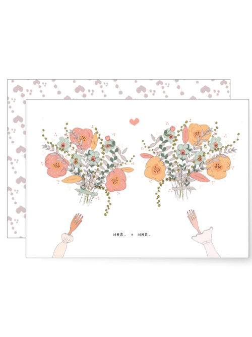 Soft illustrated bouquets with two hands reaching upward and a mrs and mrs caption, celebrating a same-sex-marriage.