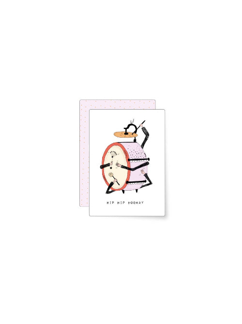 Whimsical illustration of a lively alarm clock with multiple arms playing drums, playful musical birthday mini card with quirky hand drawn style.