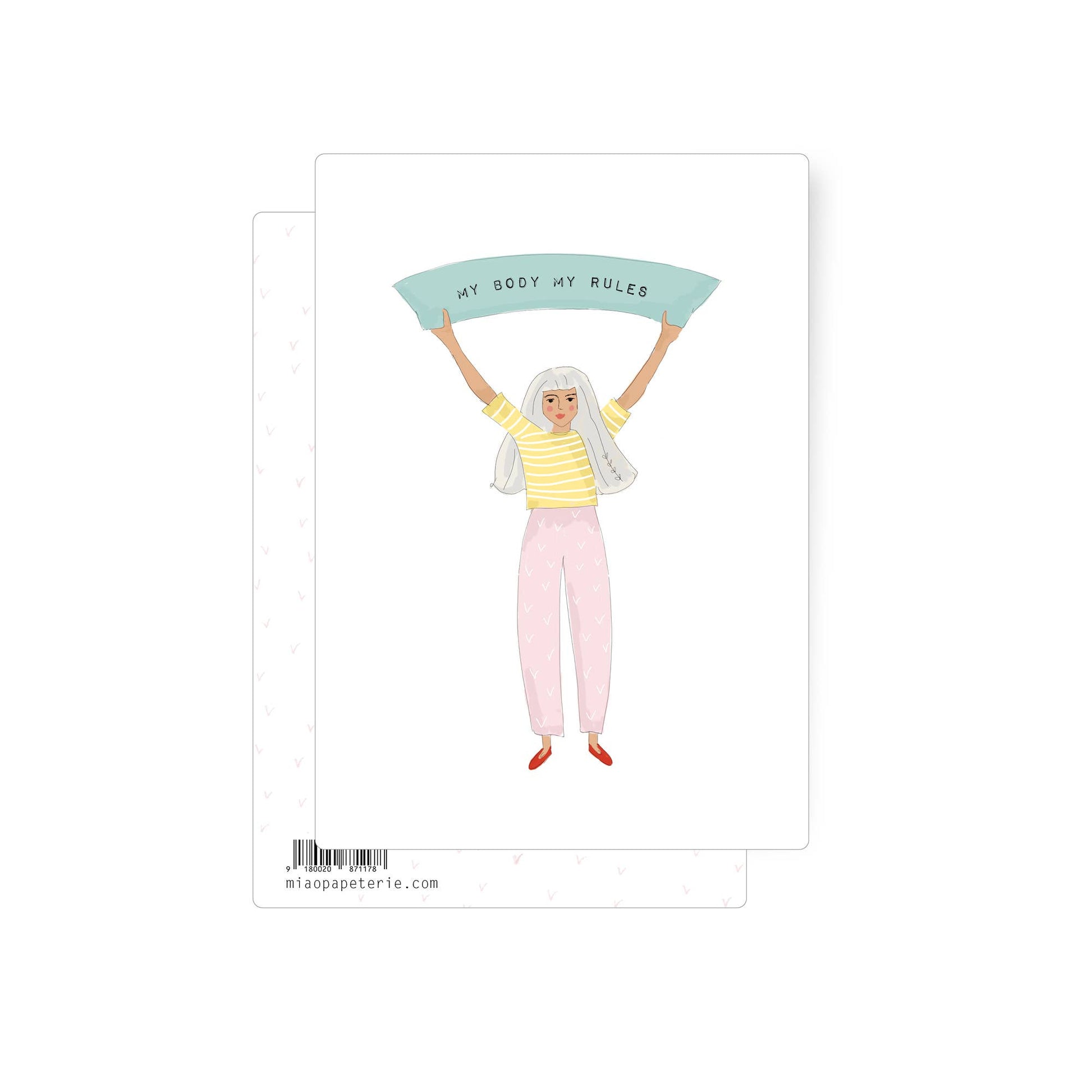 Illustrated postcard of a woman holding a banner reading My Body My Rules.