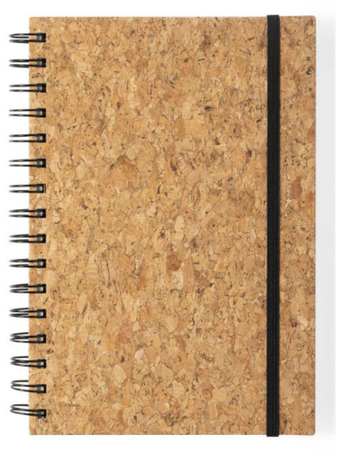 Natural cork A5 lined notebook with spiral binding and black elastic closure, shown closed.