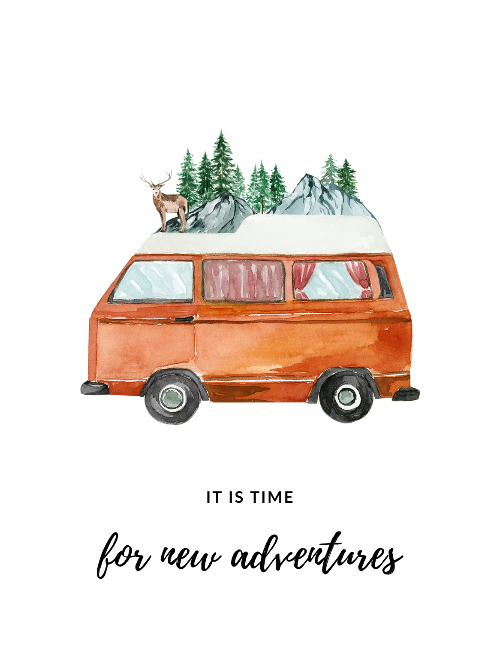 Vintage van with a deer and mountains on a white background with 'It is time for new adventures' text.