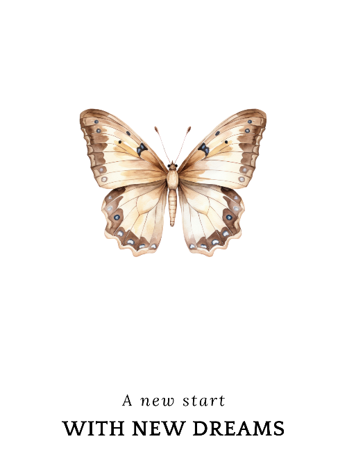 Butterfly illustration with 'A new start with new dreams' text on a white background