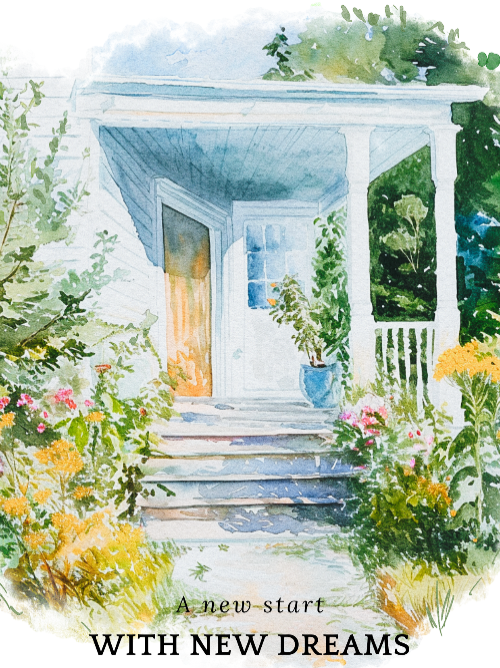 Watercolor painting of a porch with flowers and text 'A new start with new dreams'.