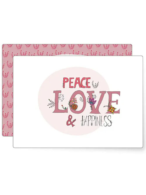 This beautiful Christmas mini-postcard features the words Peace, Love & Happiness, decorated with flowers and muted Christmas colours. 