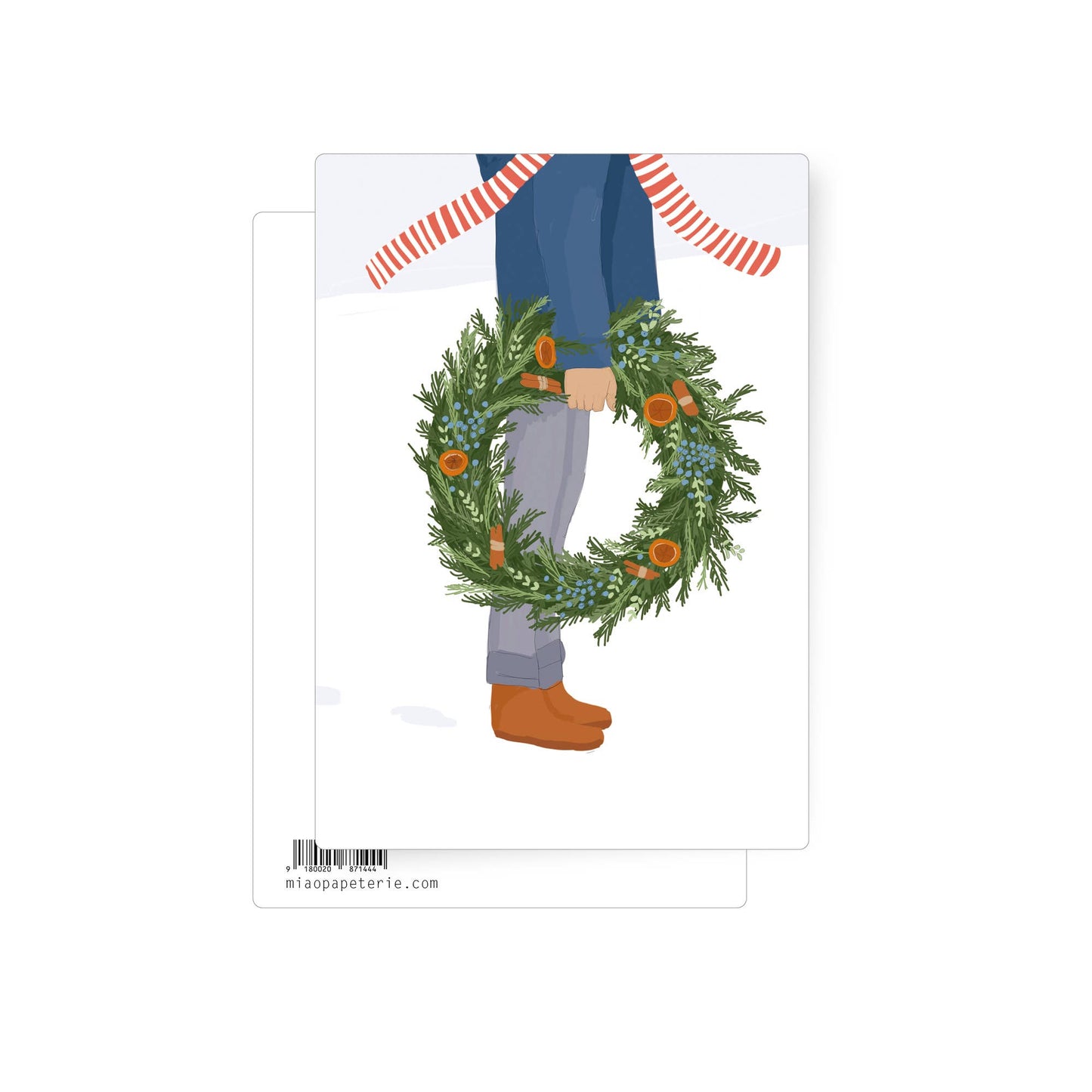 Hand-illustration of a person dressed warmly holding a Christmas wreath. A beautiful full-colour postcard.