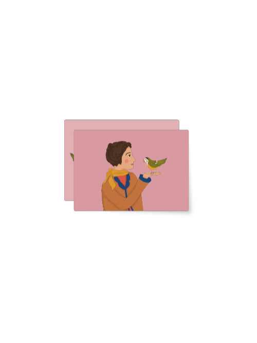 Charming illustration of a person gently holding a small bird on their hand, warm nature themed mini card celebrating quiet everyday moments.