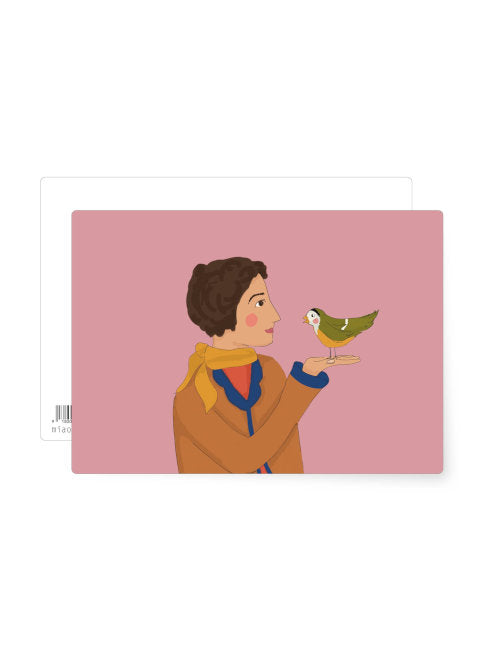 Charming illustration of a person gently holding a small bird on their hand, warm nature themed postcard celebrating quiet everyday moments.