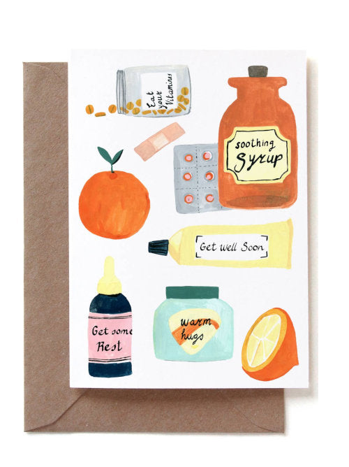 Greeting card with illustrations of medicine bottles and pill pots, an orange and some ointment with a label saying "Get Well Soon".