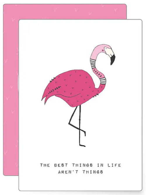 Minimal illustration of a pink flamingo standing on one leg with a simple motivational message beneath.