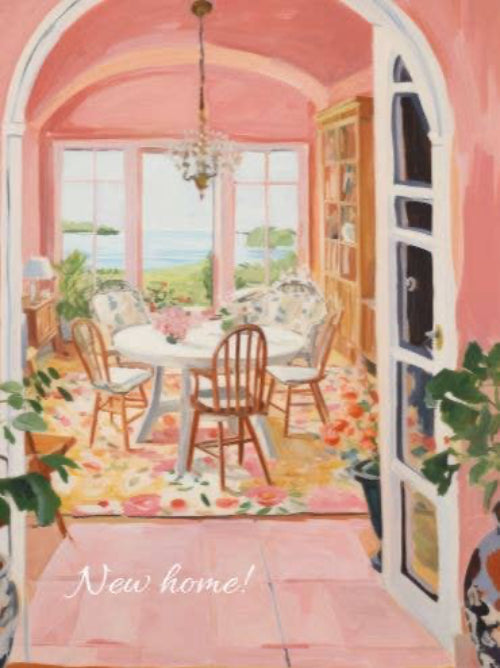 An illustration on a postcard of a very pink new home. 