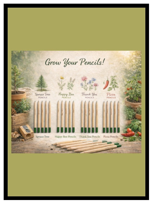 Overview of four plantable pencil editions including Plant a Tree, Happy Bee, Thank You and Pizza in cardboard packaging
