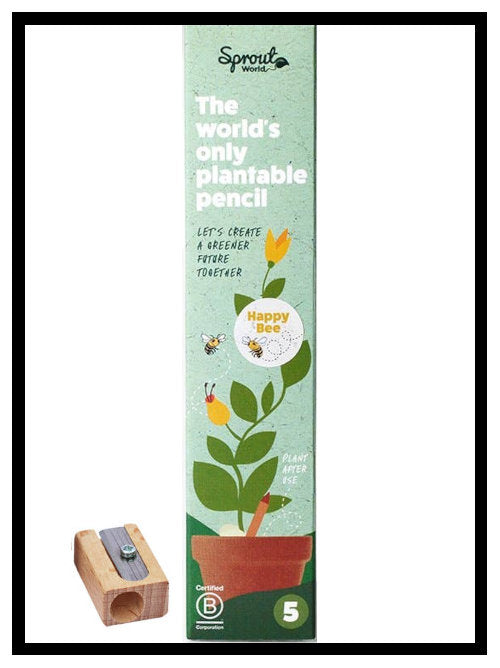 Happy Bee edition plantable pencil box with wooden sharpener displayed beside packaging