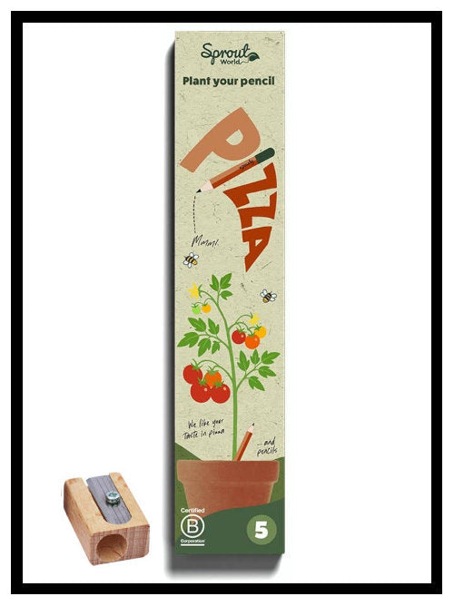 Pizza edition plantable pencil box with wooden sharpener displayed beside packaging
