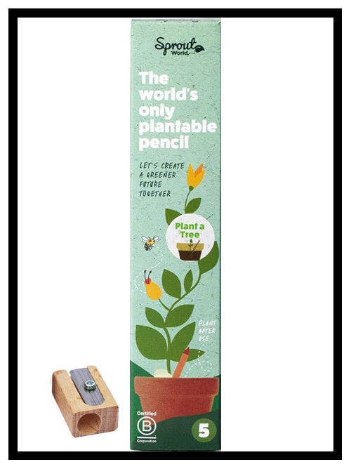Plant a Tree edition plantable pencil box with wooden sharpener displayed beside packaging