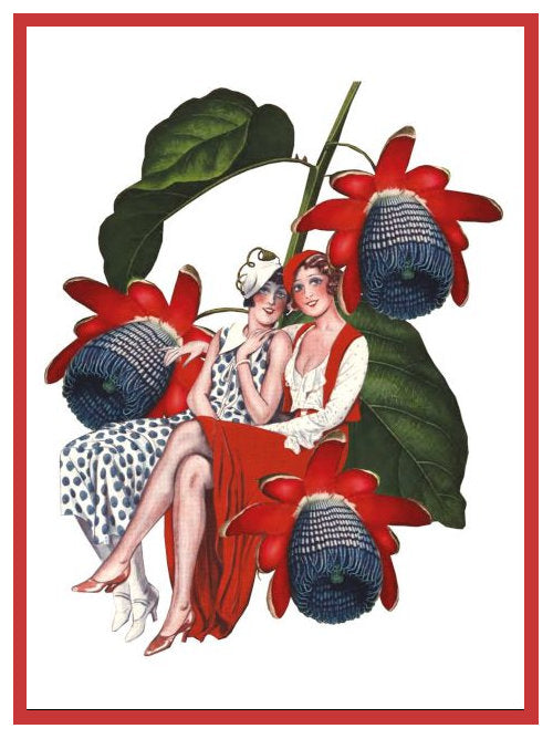 illustration of two women seated together among large red flowers and green leaves on a white background