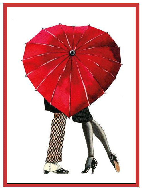 illustration of two figures standing closely under a red umbrella with legs visible on a white background. Romantic. 