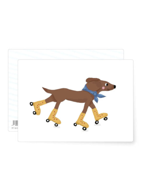 This fund postcard has a white background and features a skinny brown, hand-illustrated puppy, clearly having fun skating along wearing 2 pairs of yellow roller-skates. Great for sending for any reason. No need for a special event. 