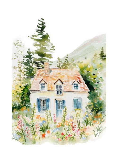 Watercolor painting of a quaint house with blue shutters surrounded by greenery and flowers.
