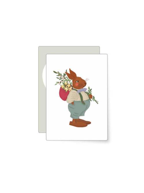 Gentle illustration of a rabbit wearing a bow tie inside an oval frame with Happy Easter text, soft pastel Easter mini card with a whimsical hand drawn style.