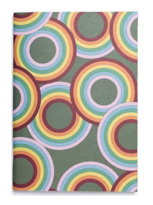 front cover of olive green notebook with large rainbow circles interwoven over the cover front to back. 