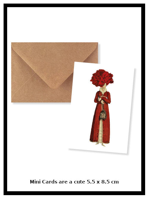 Mini greetings card featuring illustration of a woman in a long red dress with a large red floral headpiece, shown with kraft envelope on white background