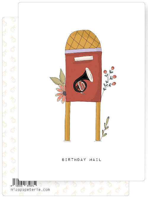 Illustrated red postbox with a letter and small floral details, designed as a charming birthday themed postcard.