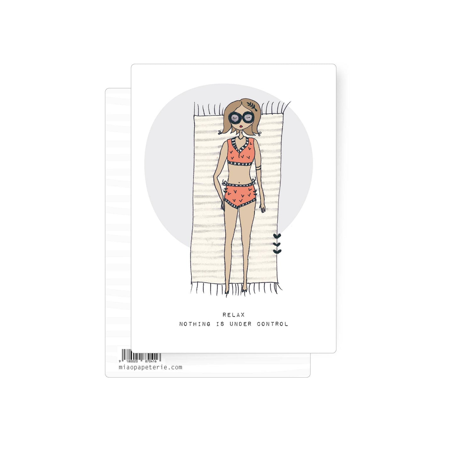 Illustrated postcard of a woman relaxing on a beach towel wearing sunglasses with humorous text about relaxing.