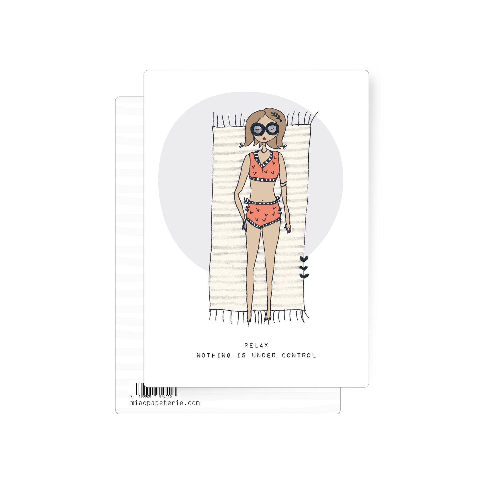 Illustrated postcard of a woman relaxing on a beach towel wearing sunglasses with humorous text about relaxing.