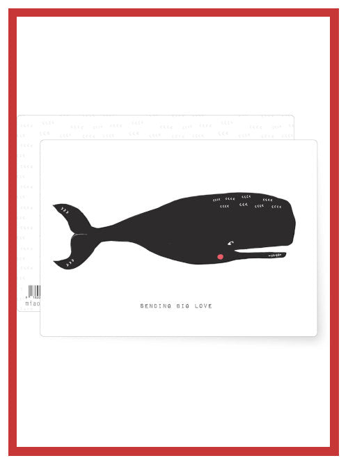 Postcard featuring black whale illustration with the words Sending Big Love on a white background