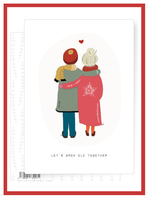Postcard featuring illustrated older couple standing arm in arm with small red heart above them and text Let’s Grow Old Together