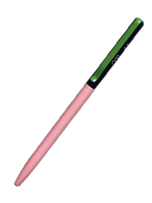Slim colourful metallic pen photographed on a clean white background with light pink body and dark blue and green colour-block top section.