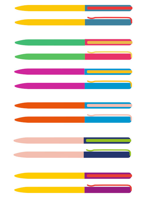 Set of slim colourful metallic pens laid out in a colour-block range, showing multiple bright two-tone designs in the collection.
