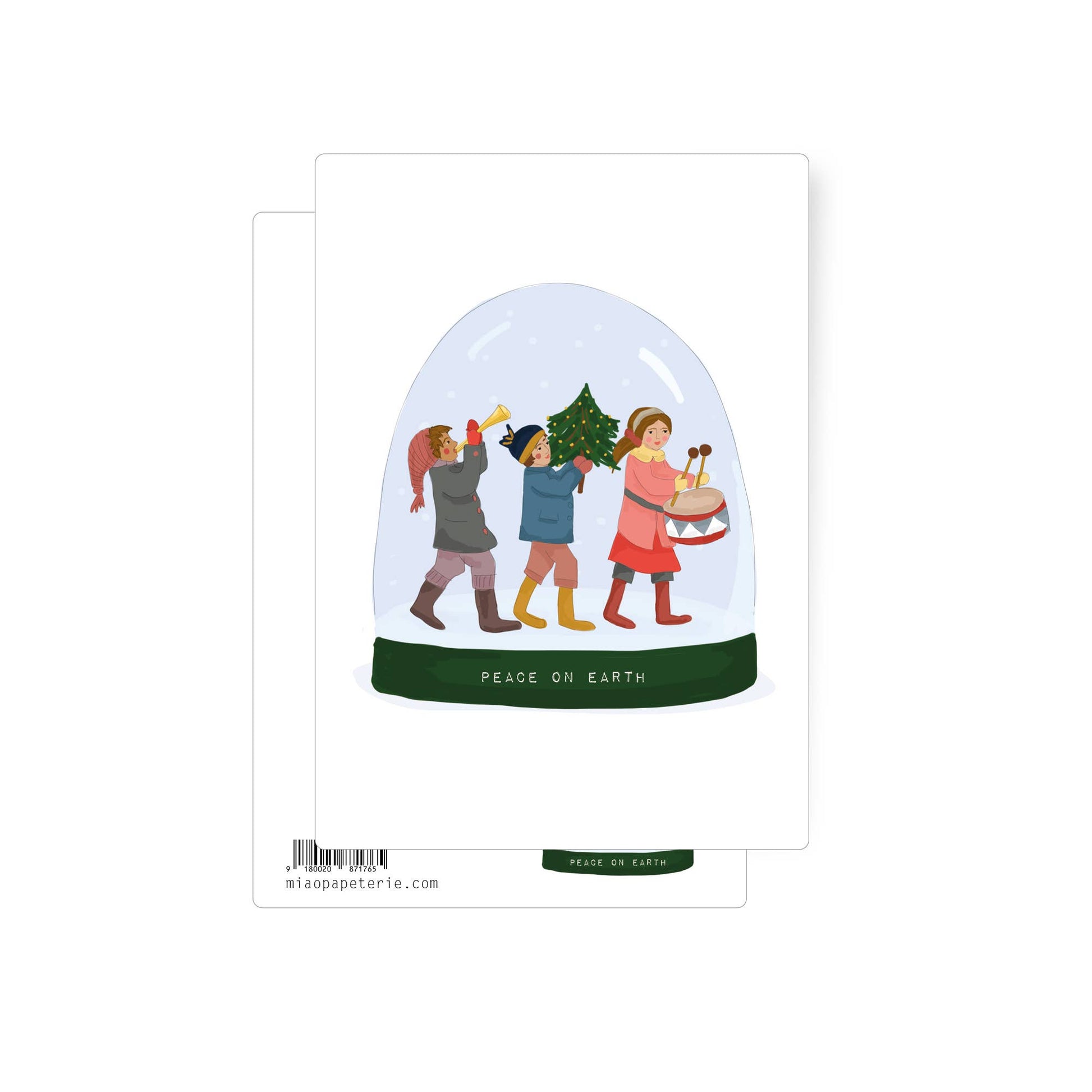 Lovely illustration of children playing music with a Christmas tree inside a snow globe on a white background with the engraving "Peace on Earth". 
