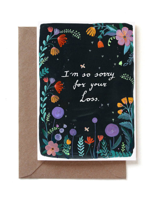 Greeting card with floral design and 'I'm so sorry for your loss' text on a black background.