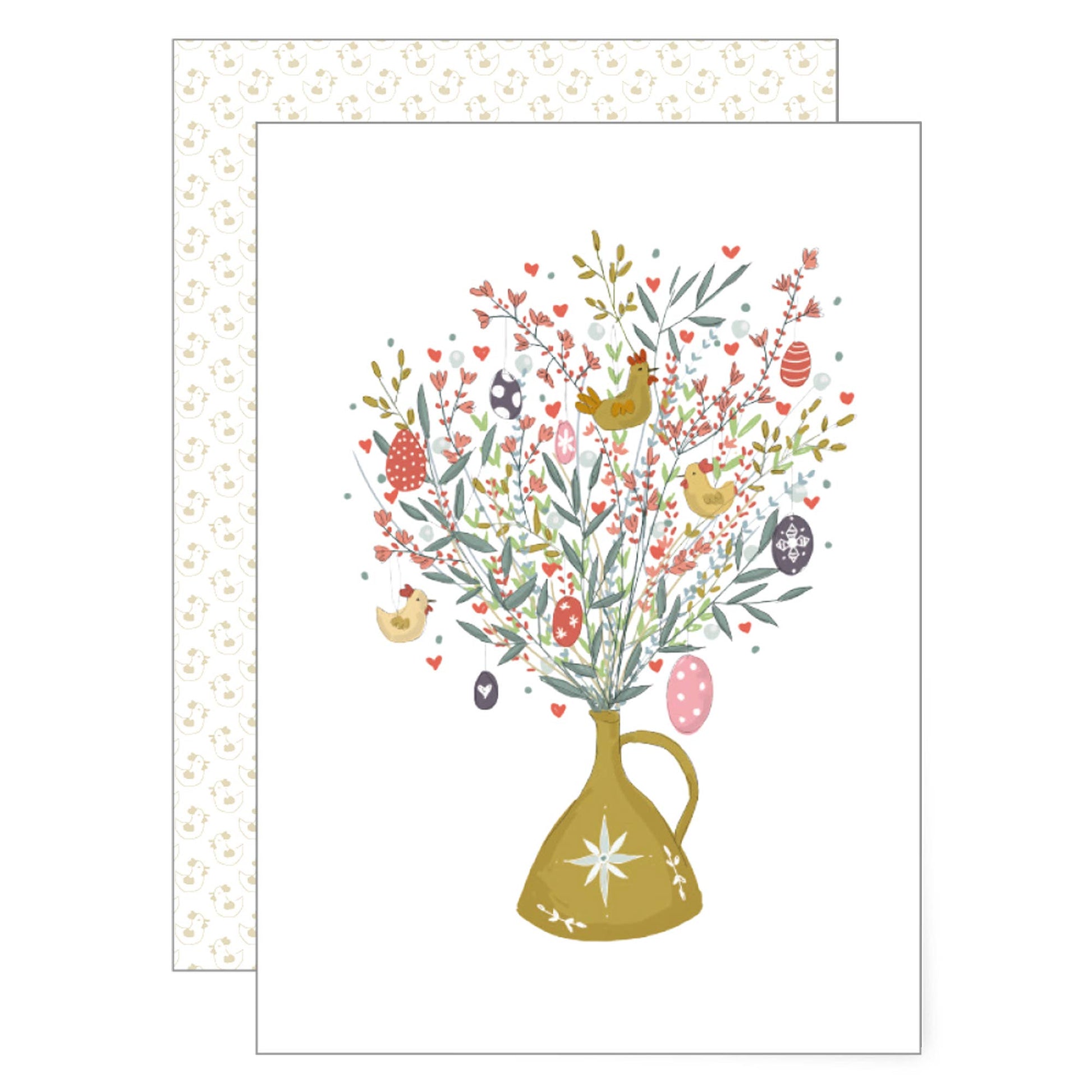 Delicate illustration of spring branches arranged in a jug decorated with hanging Easter eggs, tiny chicks and hearts, cheerful Easter card with soft pastel colours.