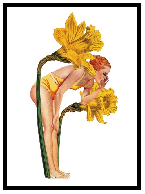 Artistic depiction of a woman in yellow, bent over alongside two daffodils. She seems to be whispering to them. 