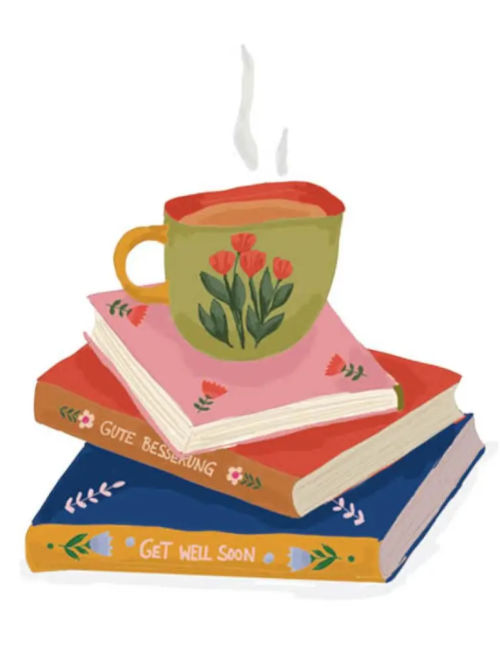Illustration of a steaming cup of tea resting on a stack of books, cosy comforting get well soon greeting card.