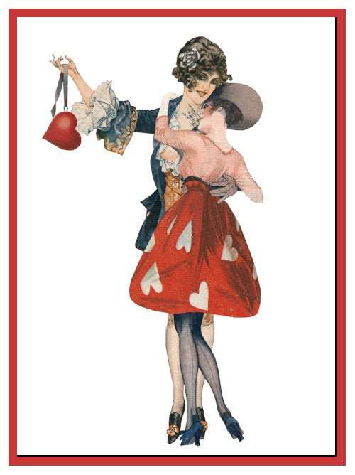 Illustrated postcard showing two women dancing, one holding a red heart-shaped purse
