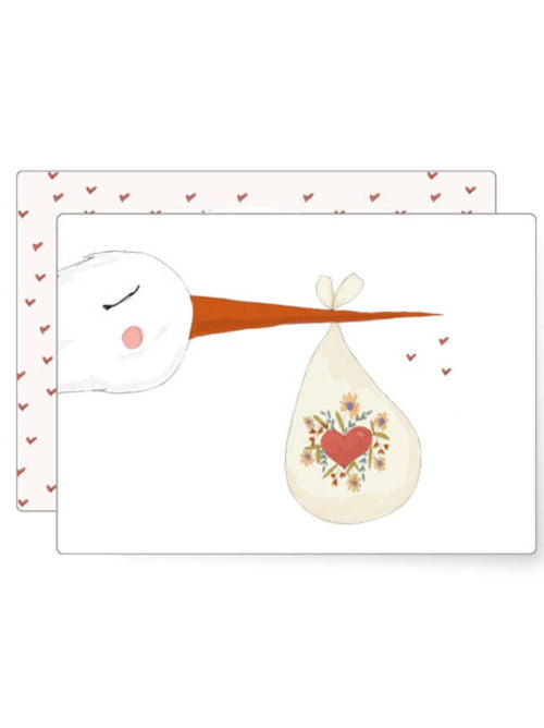 Whimsical illustration of a stork carrying a baby bundle with heart and floral detail, gentle hand drawn style new baby mini greeting card.