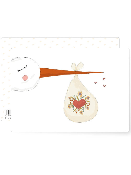 Whimsical illustration of a stork carrying a baby bundle with heart and floral detail, gentle hand drawn style new baby postcard
