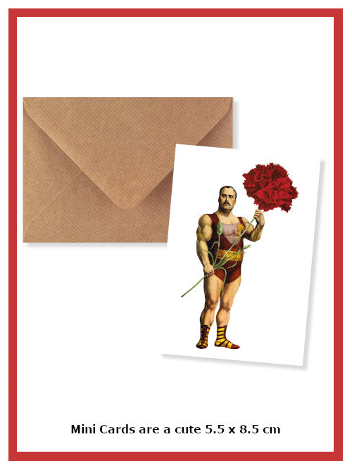 Mini designer greetings card showing a muscular man holding a large red flower with matching envelope